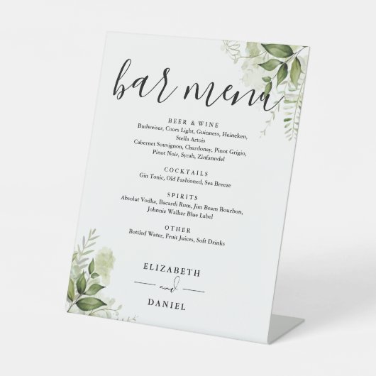 Modern Bloemengroen Bruiloft Bar Menu Reclamebord Met Voetstuk (Voorkant)