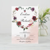 Modern bloemenhart bordeaux en blozend roze bloem kaart (Staand voorkant)