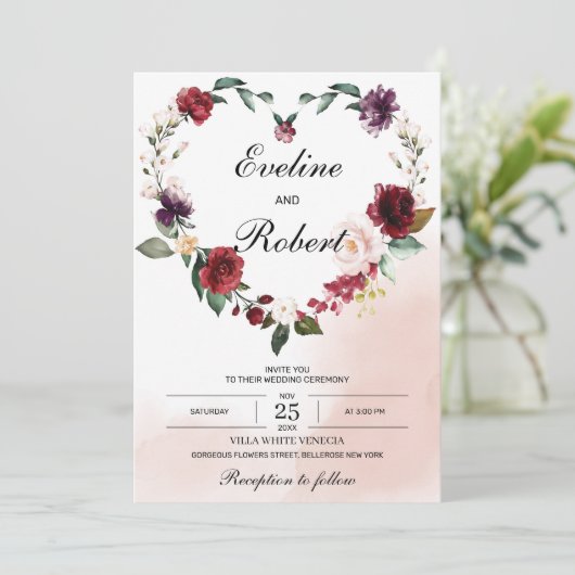 Modern bloemenhart bordeaux en blozend roze bloem kaart (Staand voorkant)