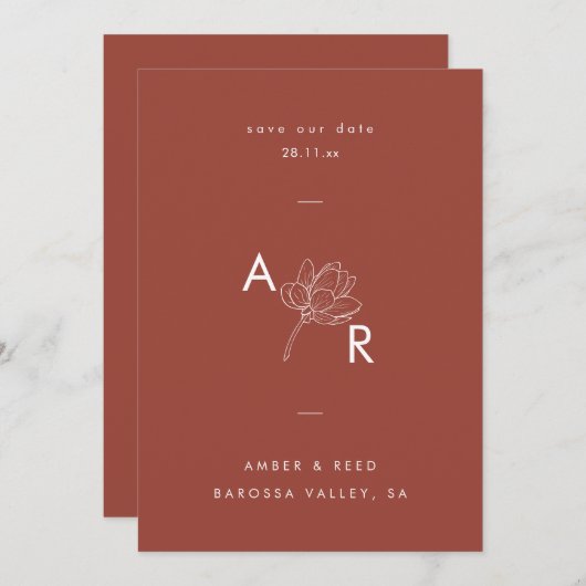 Modern bloemenmonogram Elegant Eenvoudig Terracott Save The Date (Voorkant / Achterkant)