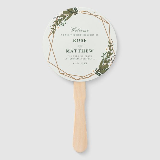 Modern bloemig geometrisch groen bruiloft programm handwaaier (Voorkant)