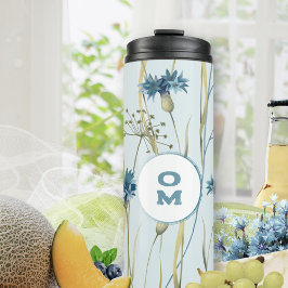 Modern bloemmonogram zacht blauw korenbloemen thermosbeker
