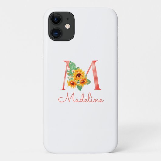 Modern Bloemmonogram Zonnebloem Naam M Case-Mate iPhone Case (Achterkant)