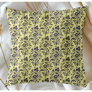 Modern bloemmotief blauw zwart op chartreuse kussen