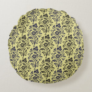Modern bloemmotief blauw zwart op chartreuse rond kussen