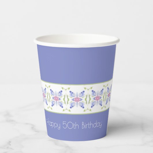 Modern bloemmotief in Periwinkle Papieren Bekers (Achterkant)