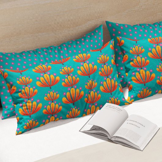 Modern Bloemmotief in Turquoise en Oranje Kussensloop