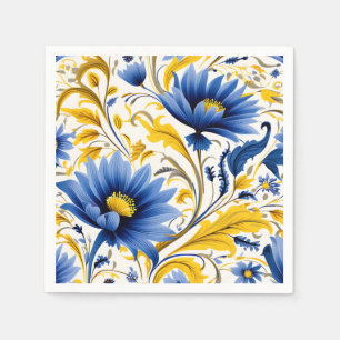 Modern bloemmotief met vloeiend blauw en geel servet