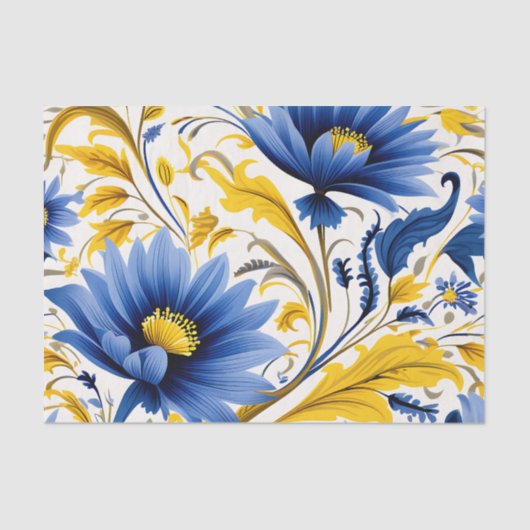 Modern bloemmotief met vloeiend blauw en geel tissuepapier (Voorkant)