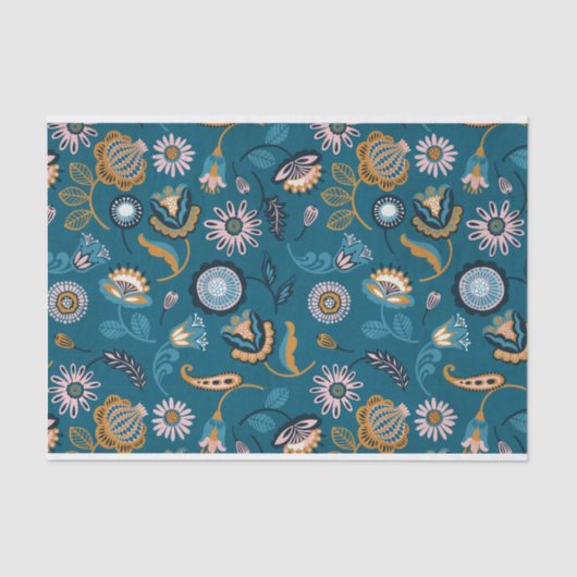 Modern bloemmotief op Blauwgroen achtergrond Tissuepapier (Voorkant)