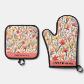 Modern Bloemmotief Ovenwant & Pannenlap Set (Voorkant)
