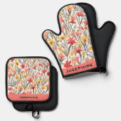 Modern Bloemmotief Ovenwant & Pannenlap Set (Voorkant / Achterkant)
