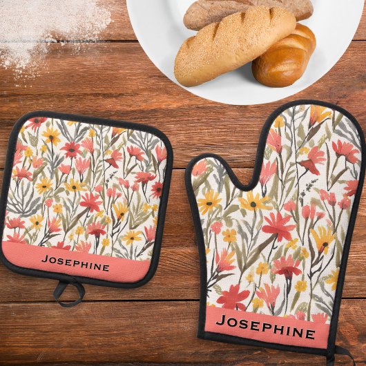 Modern Bloemmotief Ovenwant & Pannenlap Set