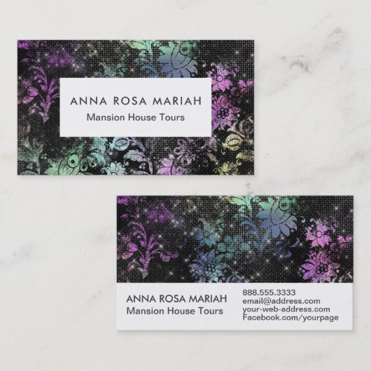 *~* Modern Bloempatroon Zwart Glitter  Visitekaartje (Voorkant / Achterkant)