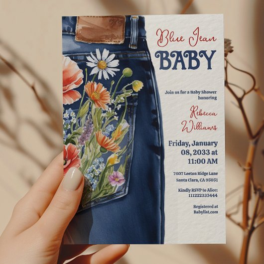 Modern Bloemrood Blauw Denim Blauw Jean Baby showe Kaart