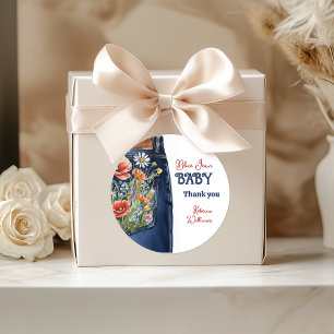 Modern Bloemrood Blauw Denim Blauw Jean Baby showe Ronde Sticker