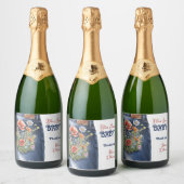 Modern Bloemrood Blauw Denim Blauw Jean Baby showe Sparkling Wijnetiket (Flessen)