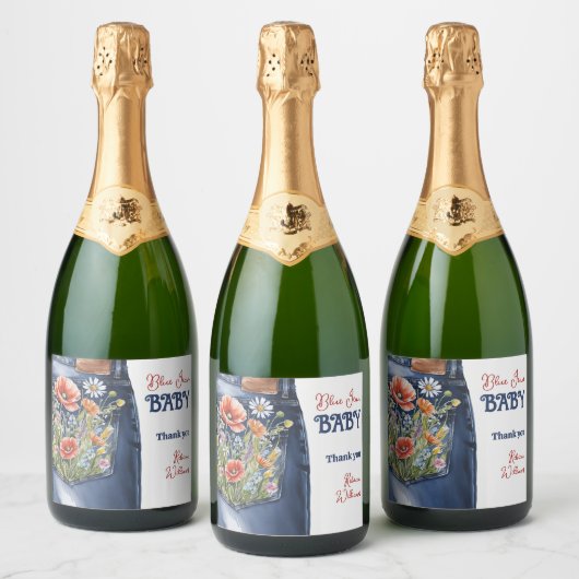 Modern Bloemrood Blauw Denim Blauw Jean Baby showe Sparkling Wijnetiket (Flessen)