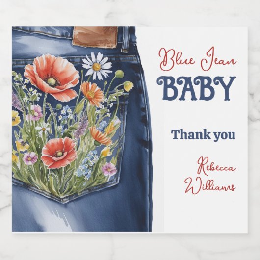 Modern Bloemrood Blauw Denim Blauw Jean Baby showe Sparkling Wijnetiket (Enkel label)
