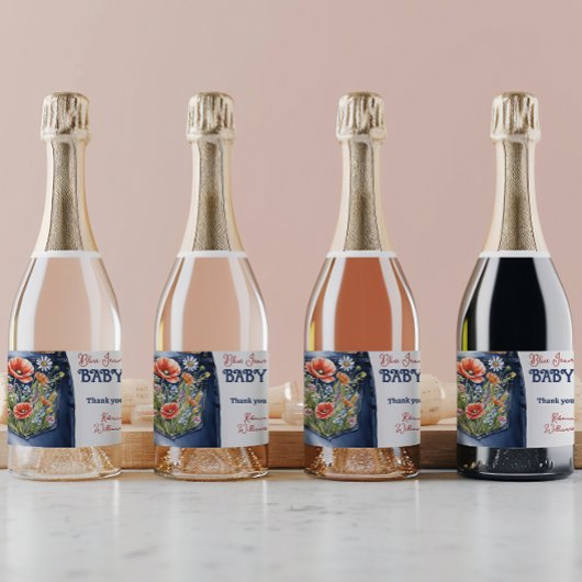 Modern Bloemrood Blauw Denim Blauw Jean Baby showe Sparkling Wijnetiket