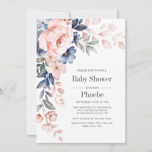 Modern Bloom Pink Blue Floral Baby shower Kaart (Voorkant)