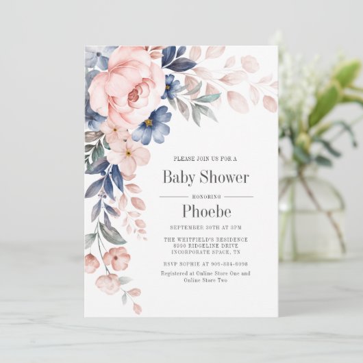 Modern Bloom Pink Blue Floral Baby shower Kaart (Staand voorkant)