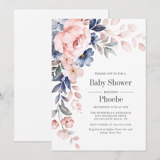 Modern Bloom Pink Blue Floral Baby shower Kaart (Voorkant / Achterkant)