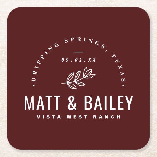 Modern Bloom Wedding Monogram | Bourgogne Kartonnen Onderzetters (Voorkant)