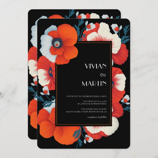 Modern Blooms Bright Red Floral QR-code Bruiloft Kaart (Voorkant / Achterkant)