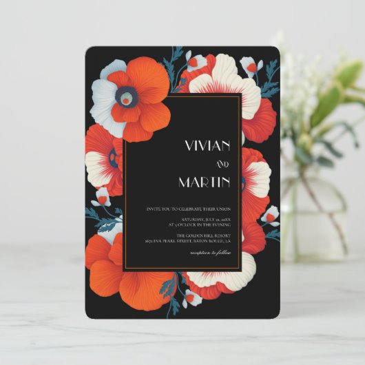 Modern Blooms Bright Red Floral QR-code Bruiloft Kaart (Staand voorkant)