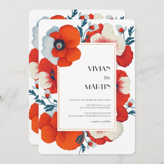 Modern Blooms Bright Red Floral QR-code Bruiloft Kaart (Voorkant / Achterkant)