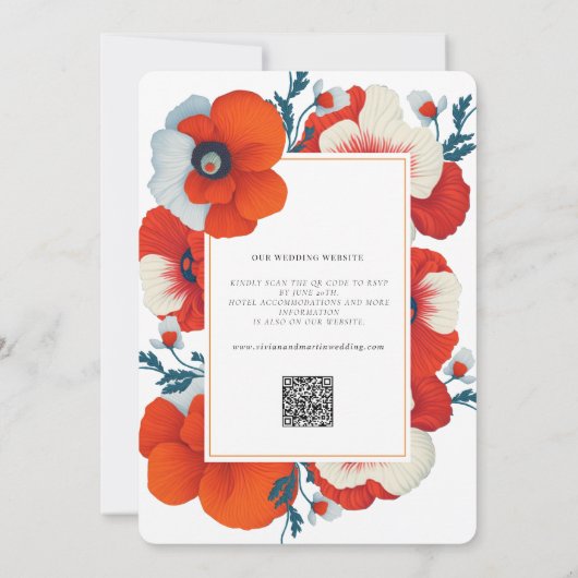 Modern Blooms Bright Red Floral QR-code Bruiloft Kaart (Achterkant)