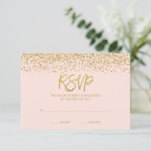 Modern bloos Roze Goud Faux schitteren RSVP Kaartje (Staand voorkant)