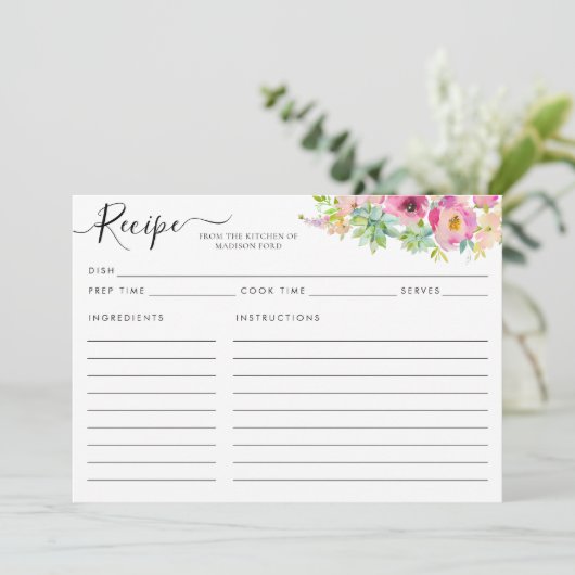 Modern Blozend Roze Succulent Recept Kaart (Staand voorkant)
