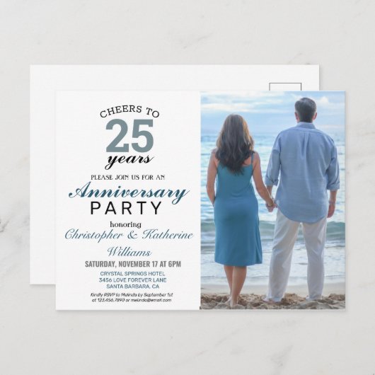Modern Blue 25th Silver Wedding Jubileum Invite Briefkaart (Voorkant / Achterkant)