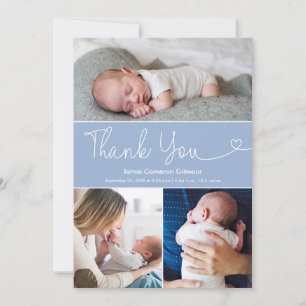 Modern Blue 3 Foto's Baby Boy Shower Script hart Bedankkaart