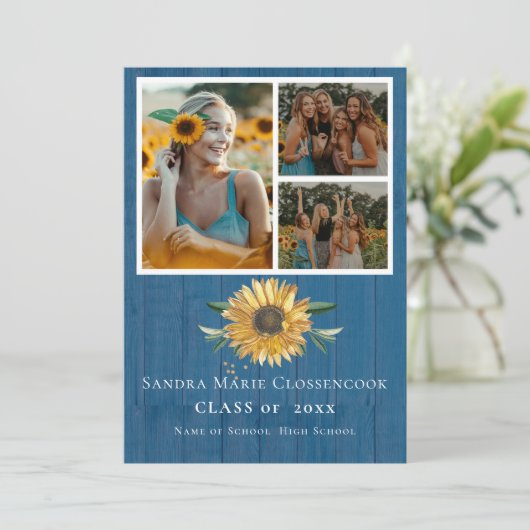 Modern Blue 4 Photo Collage Sunflower afstuderen Aankondiging (Staand voorkant)