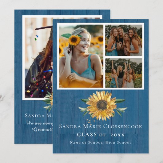 Modern Blue 4 Photo Collage Sunflower afstuderen Aankondiging (Voorkant / Achterkant)