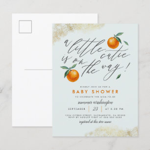 Modern Blue A Little Cutie Oranje Baby shower Uitnodiging Briefkaart