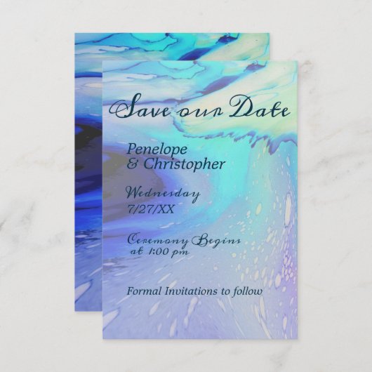 Modern Blue Abstract Beach Wedding Save the Date (Voorkant / Achterkant)