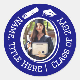 Modern Blue Afstuderen Foto, Pet Tassel en Diploma Ronde Sticker