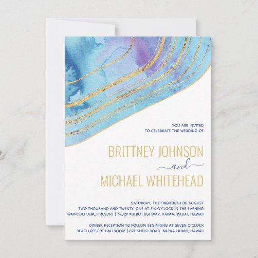Modern Blue Agate Gold Foil Wedding Invitation Kaart (Voorkant)