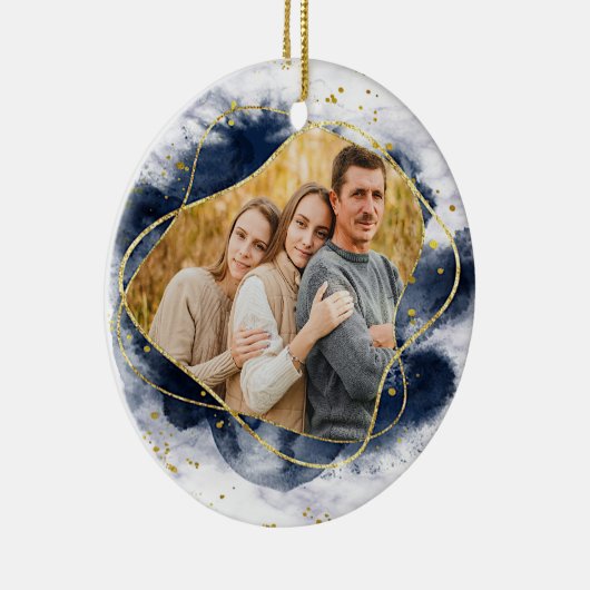 Modern Blue and Gold 2021-foto met Kerstmis Keramisch Ornament (Rechts)