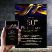 Modern Blue and Gold 50th Birthday Party Kaart