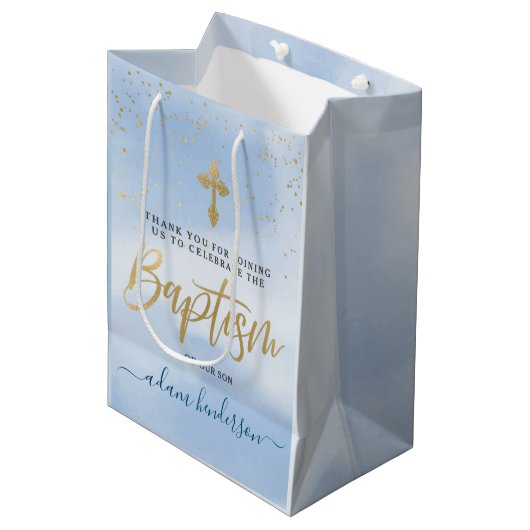 Modern Blue And Gold Boy Baptism Thank You  Medium Cadeauzakje (Voorkant Gekanteld)