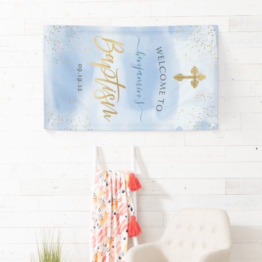 Modern Blue and Gold Boy Baptism Welkom Spandoek (Insitu)