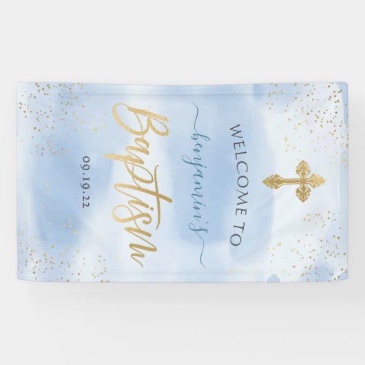 Modern Blue and Gold Boy Baptism Welkom Spandoek (Horizontaal)