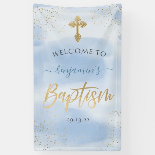 Modern Blue and Gold Boy Baptism Welkom Spandoek (Verticaal)