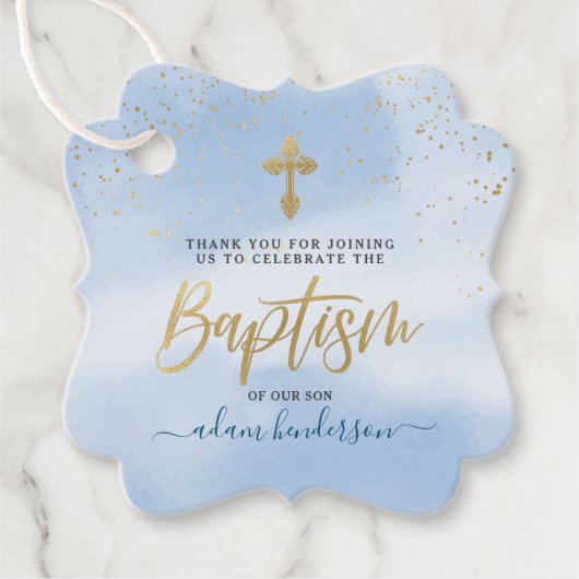 Modern Blue and Gold Boy Baptisme Hartelijk dank Bedankjes Labels (Voorkant)
