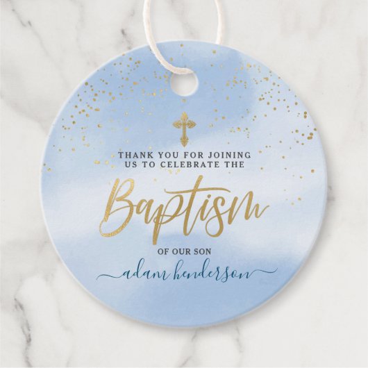 Modern Blue and Gold Boy Baptisme Hartelijk dank Bedankjes Labels (Voorkant)